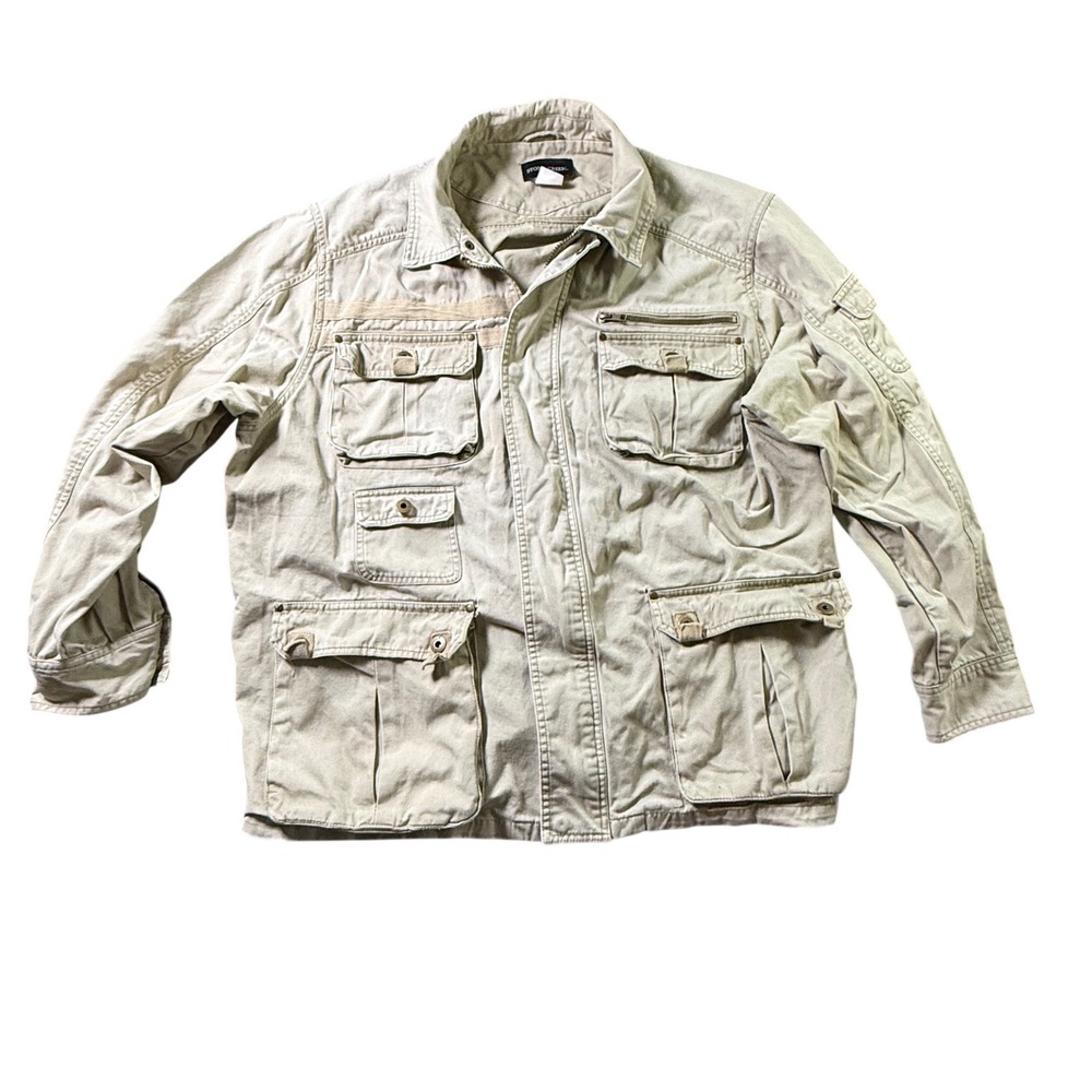 Stone Creek Mens Khaki Safari Field Jacket Multi Pocket Utility Coat Tan Beige